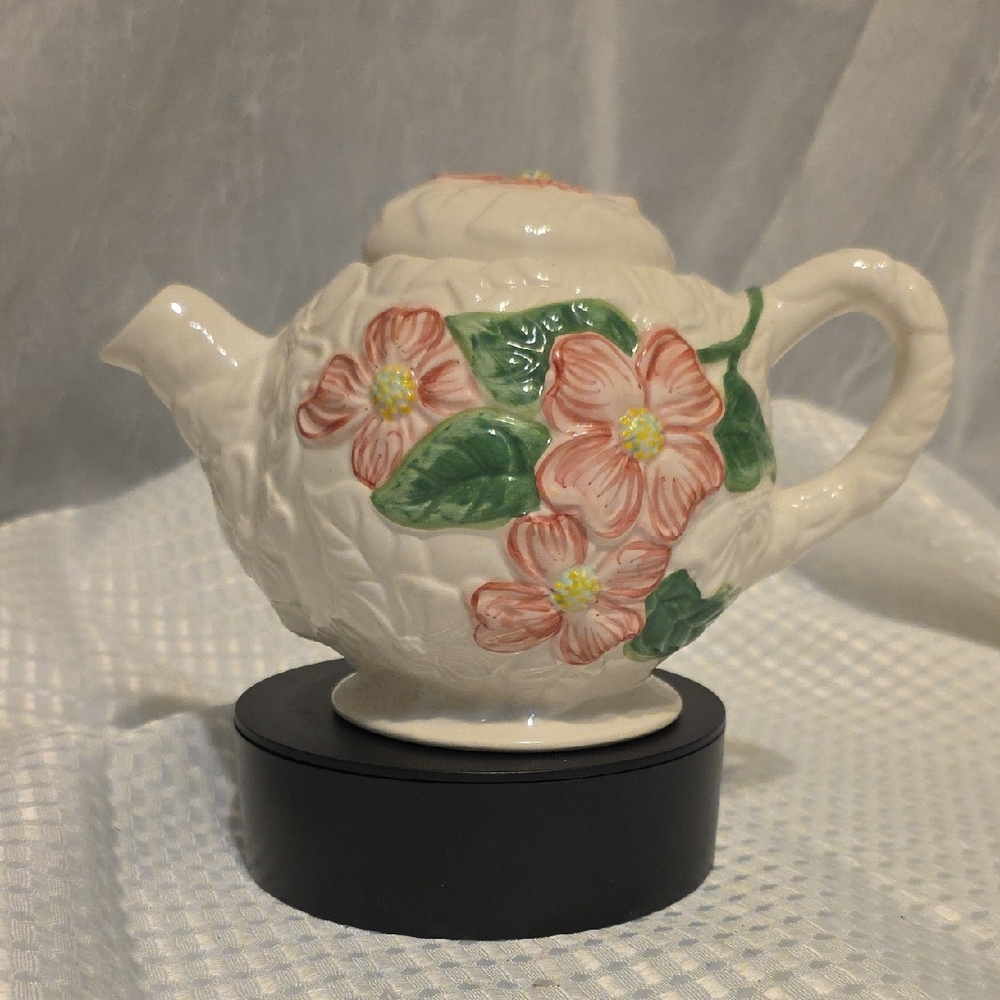 Floral Ceramic Teapot with Pink and Green Accents